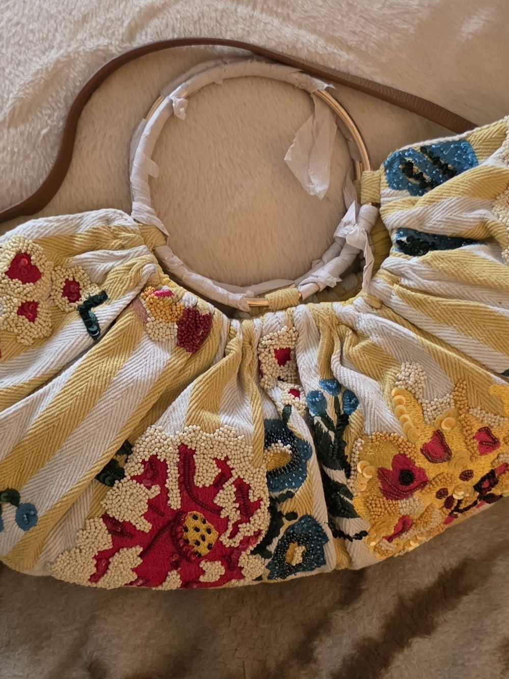 Anthropologie Embroidered Yellow & Cream Beaded Floral Half Moon Shoulder Bag